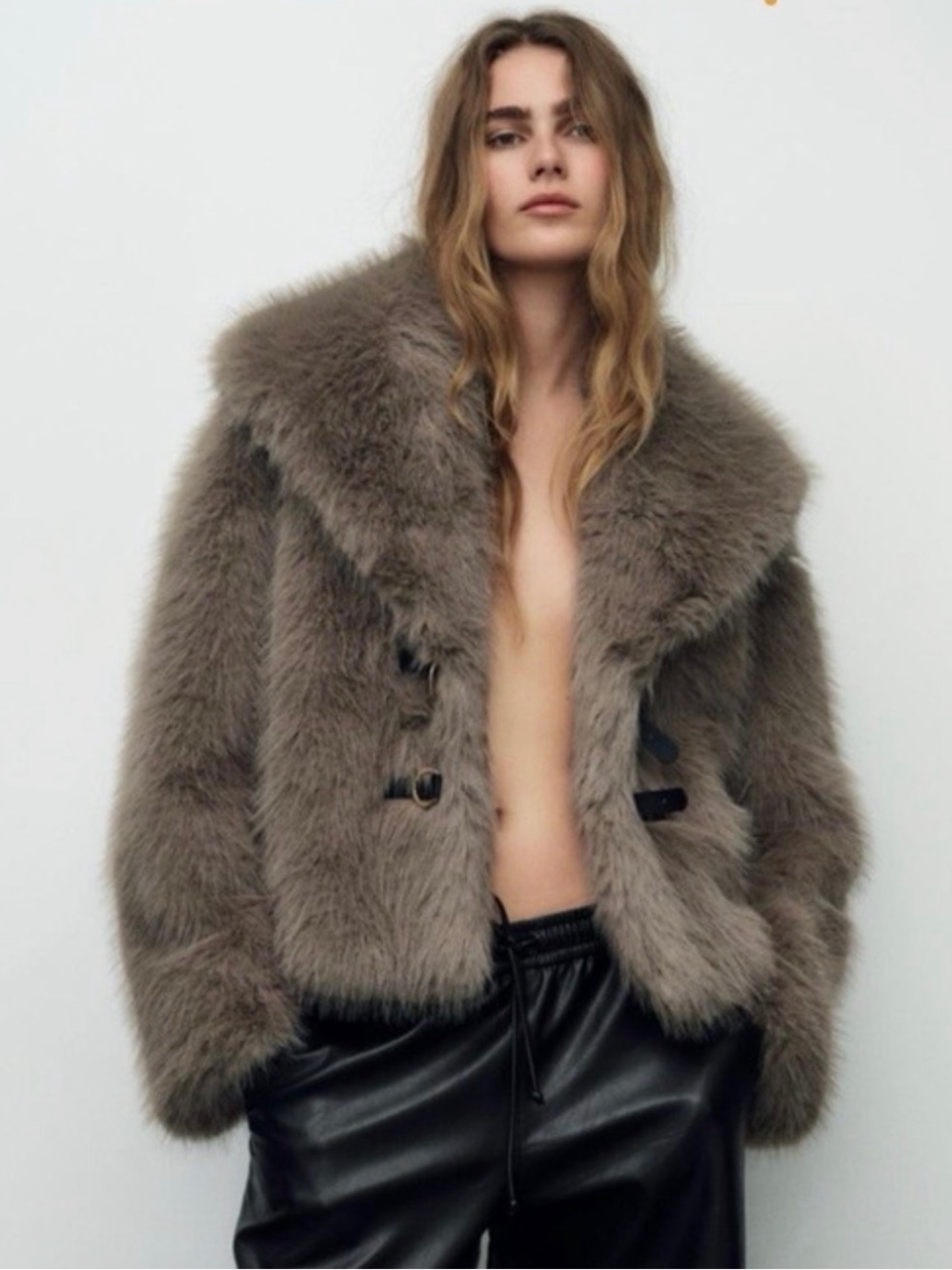 Zara Short Faux Fur Coat with Toggles - Brown/Taupe Shag Jacket
